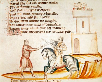 قتال بين جندي مثبت وجندي سيرا على الأقدام ، من Codex Entree dEspagne بواسطة المدرسة الايطالية