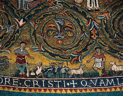 Figures of shepherds and animals, detail from Triumph of Cross from medallion of apse (mosaic) بواسطة المدرسة الايطالية