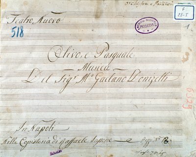 الصفحة الأولى من النوتة الموسيقية لأوبرا "Olivo e Pasquale" بقلم Gaetano Donizetti (حبر على ورق) بواسطة المدرسة الايطالية