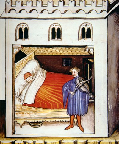 Fol.100r النوم ، صورة توضيحية من Tacuinum Santiatis Codex Vindobonensis بواسطة المدرسة الايطالية