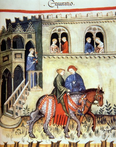 Fol.102r ركوب الخيل ، رسم توضيحي من Tacuinum Santiatis Codex Vindobonensis بواسطة المدرسة الايطالية