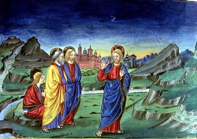 Fol.103v بعد التجلي ، أخبر المسيح الرسل ألا يكشفوا هذه الحقيقة إلا بعد القيامة (رق) (انظر 142186) بواسطة المدرسة الايطالية