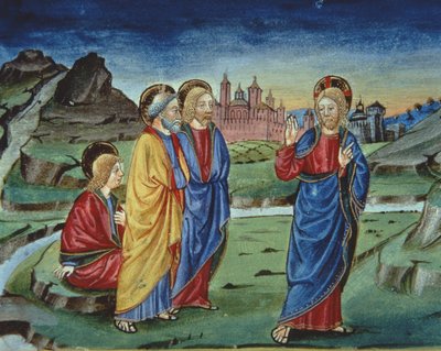 Fol.103v بعد التجلي ، أخبر السيد المسيح الرسل ألا يكشفوا هذا إلا بعد القيامة (رق) (تفصيل) بواسطة المدرسة الايطالية