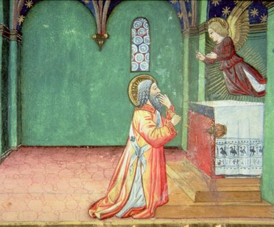 Fol.142r ظهور ملاك لزكريا في الهيكل (ورق رق) بواسطة المدرسة الايطالية