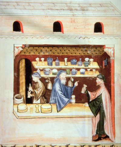 Fol.53v تحضير وبيع الزعتر ، صورة توضيحية من Tacuinum Santiatis Codex Vindobonensis بواسطة المدرسة الايطالية