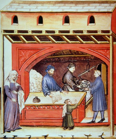 Fol.62v بيع الملح ، صورة توضيحية من Tacuinum Santiatis Codex Vindobonensis بواسطة المدرسة الايطالية