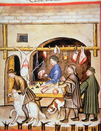 Fol.72v الجزارون: بيع لحم الضأن ، صورة توضيحية من Tacuinum Santiatis بواسطة المدرسة الايطالية
