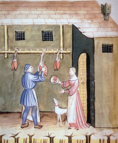 Fol.78v الجزارين: بيع قلوب الحيوانات ، من Tacuinum Sanitatis Codex Vindobonensis بواسطة المدرسة الايطالية