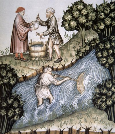 Fol.84r الصيد ، رسم توضيحي من Tacuinum Santiatis Codex Vindobonensis بواسطة المدرسة الايطالية