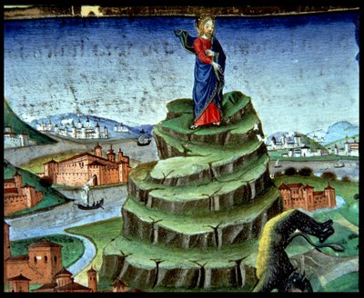 Fol.84r الشيطان يجرب المسيح للمرة الثانية على الجبل (ورق الرق). بواسطة المدرسة الايطالية