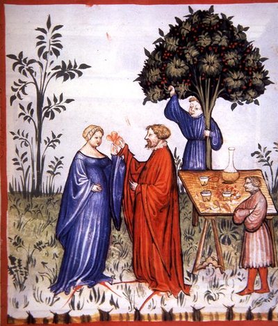 Fol.86r النبيذ الأبيض ، رسم توضيحي من "Tacuinum Santiatis Codex Vindobonensis" (رق) بواسطة المدرسة الايطالية