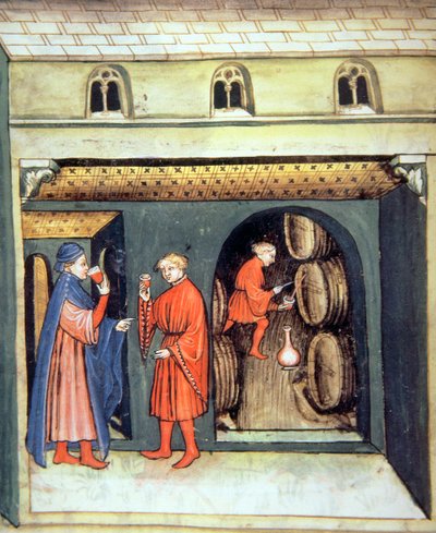 Fol.86v نبيذ فواكه مسن ، توضيح من Tacuinum Santiatis Codex Vindobonensis بواسطة المدرسة الايطالية