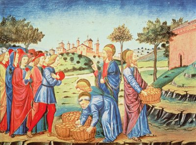 الصفحة 90: المسيح ومعجزة الأرغفة الخمسة والسمكتين (ورق) بواسطة المدرسة الايطالية