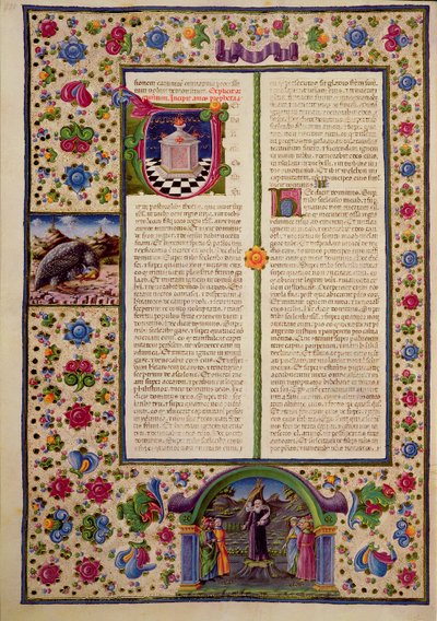 ص ٩٢ ظ الافتتاح على كتاب النبي عاموس ، من الكتاب المقدس بورسو ديست. المجلد 2 (ورق) بواسطة المدرسة الايطالية