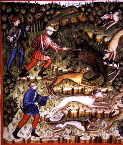 Fol.96r صيد الحيوانات ، رسم توضيحي من "Tacuinum Santiatis Codex Vindobonensis" (رق) بواسطة المدرسة الايطالية