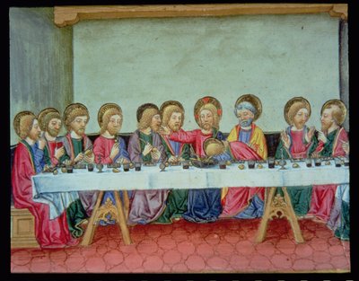 Fol.99v أثناء العشاء الأخير يعلن المسيح أن أحد الرسل سيخونه (ورق) بواسطة المدرسة الايطالية