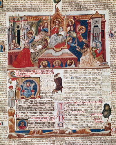 الصفحة الأولى من مخطوطة "Decret de Gratien" ("Concordia discordantium canonum" أو "Decretum Gratiani") التي يرجع تاريخها إلى عام 1140 والتي تنظم قوانين وشرائع الكنيسة الرومانية الكاثوليكية. القرن الرابع عشر سيينا ، مكتبة ديجلي إنتروناتي بواسطة المدرسة الايطالية
