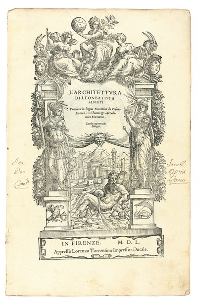 صورة أمامية من L&39;Architettura ، بقلم ليون باتيستا ألبيرتي (1404-72) ، ترجمها إلى الإيطالية كوزيمو بارتولي (1503-72). فلورنسا: لورنزو تورينتينو بواسطة المدرسة الايطالية