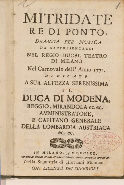 صورة من نسخة مبكرة من Mitridate ، re di Ponte ، أوبرا من تأليف Wolfgang Amadeus Mozart ، 1770 بواسطة المدرسة الايطالية