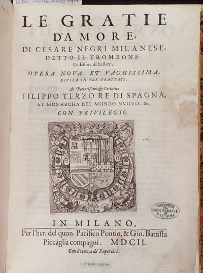 صورة ل Gratie dAmore (Le Grazie dAmore) للراقصة الإيطالية Cesare Negri تسمى Il Trombone (1536-1604) ، معاهدة على الرقص بواسطة المدرسة الايطالية