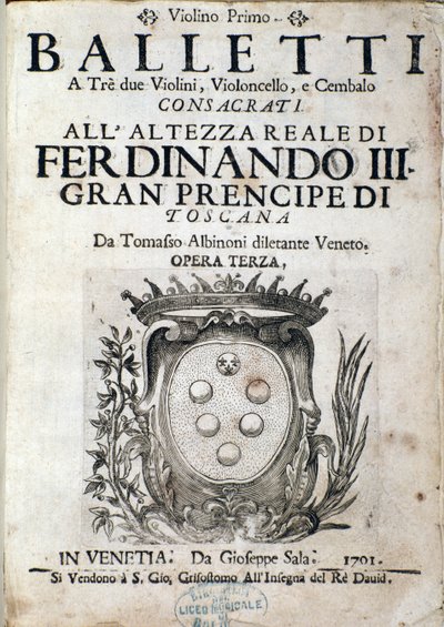صورة عن الجزء الموسيقي من Balletti a tre ، Opera 3 بواسطة Tomaso Albinoni (1671-1750) بواسطة المدرسة الايطالية