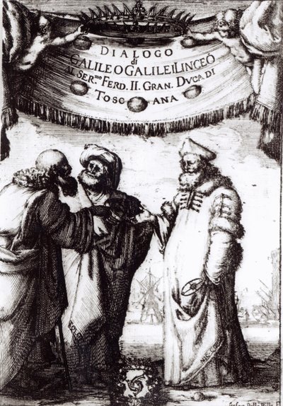 صورة واجهة للحوار حول أعظم نظامين في العالم بواسطة غاليليو ، نُشر عام 1632 بواسطة المدرسة الايطالية