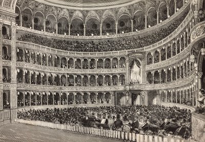 Gala evening at Costanzo theatre in honor of crown prince of Germany (future Frederick III), Rome, Italy, engraving from drawing by Dante Paolocci, from L