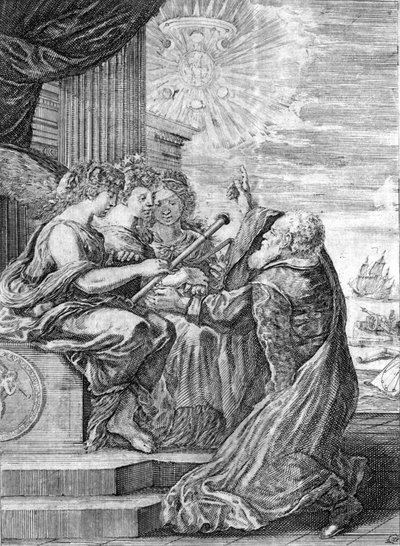 قدم عالم الفلك جاليليو (1564 - 1642) التلسكوب للنعم الثلاث. بيده اليمنى ، يشير إلى كوكب المشتري بأقماره التي اكتشفها بنفسه وكرسها لعائلة ميديشي. Frontispice de "" Opere di Galileo "" بولونيا بواسطة المدرسة الايطالية
