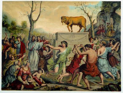 العجل الذهبي في "الكتاب المقدس الكلاسيكي الذهبي: تاريخ الوحي الإلهي في القديم والجهاد الجديد" بقلم جيوفاني لاديسلاو سيكورا (المجلد 1) ، ترجمة دون كليمنتي بينيتي. (الكتاب المقدس الإيطالي) بواسطة المدرسة الايطالية