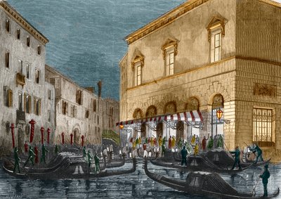 Gondoliers ينتظرون المتفرجين خارج Teatro La Fenice ، البندقية ، إيطاليا ، من Le Monde Illustre رقم 564 ، 1868 بواسطة المدرسة الايطالية