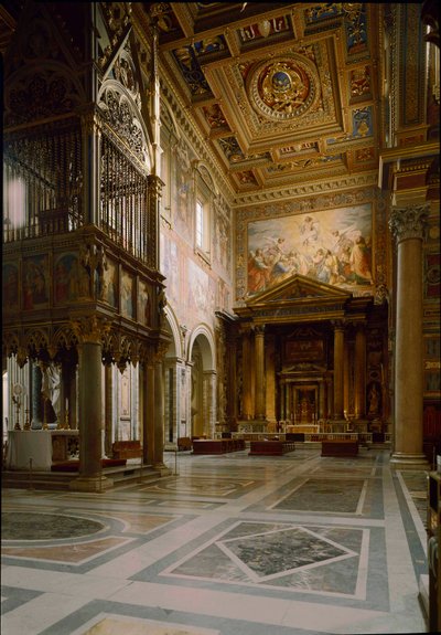 Gothic art: view of the papal altar above the Tabernacle made by Giovanni di Stefano around 1367 adorns twelve panels decorated with frescoes by Barna da Siena (14th century). 1367-1368. Basilica of St. John of Laterano (San Giovanni in Laterano) بواسطة المدرسة الايطالية