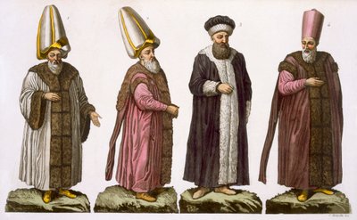 Grand Visir ، Caim-Mecam ، Reis-Efendi and Khodjakian ، اللوحة 15 من الجزء الثالث ، المجلد الأول من تاريخ الأمم ، منقوش بواسطة C. Botticella (aquatint) بواسطة المدرسة الايطالية
