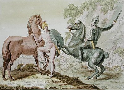 سلاح الفرسان اليوناني ، لوحة 44 من "Le Costume Ancien et Moderne" بقلم Jules Ferrario ، نُشر في الفترة ما بين 1820 و 30 ثانية (لون ليثو) بواسطة المدرسة الايطالية