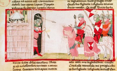 تمنع Guelfs Ghibellines من العودة إلى المدينة ، مصغرة من Cronica (Chronicles) بقلم Giovanni Villani ، مخطوطة ، إيطاليا القرن الرابع عشر. بواسطة المدرسة الايطالية