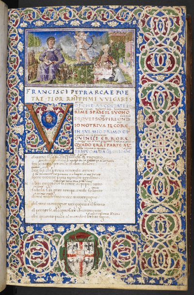 Harley 3567، f.9 Miniature of Petrarch and Laura، with Love يصوب سهمه إلى Laura ، من "Rime and Trionfi" بواسطة المدرسة الايطالية