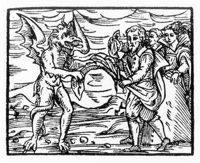 تحية للشيطان ، نسخة من رسم توضيحي من Compendium Maleticarum بواسطة Fr M Guaccius ، ميلانو 1608 ، تم استخدامه في تاريخ السحر ، تم نشره في أواخر القرن التاسع عشر بواسطة المدرسة الايطالية