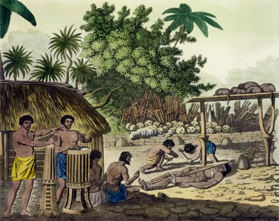 التضحية البشرية في Otaheite ، اللوحة 84 من Le Costume Ancien et Moderne ، بقلم Jules Ferrario ، تم نشرها في 1820s-30s (انظر أيضًا 10204) بواسطة المدرسة الايطالية