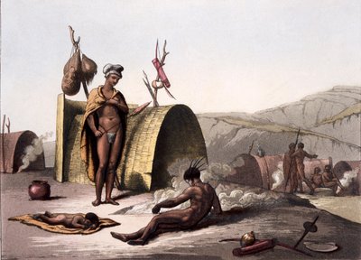 أكواخ وطريقة حياة المعسكر للبوشمن ، من كوستومي دي ... بقلم جوليو فيراريو ، c.1820s-30s بواسطة المدرسة الايطالية