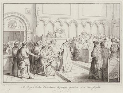 Il Doge Pietro Candiano III prega grazia per suo figlio, 958 (engraving) بواسطة المدرسة الايطالية