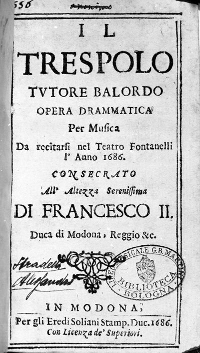 المعلم الفرخ هو نتيجة حمقاء لأوبرا أليساندرو ستراديلا (1644-1682) الملحن الإيطالي. مودينا 1688. بواسطة المدرسة الايطالية