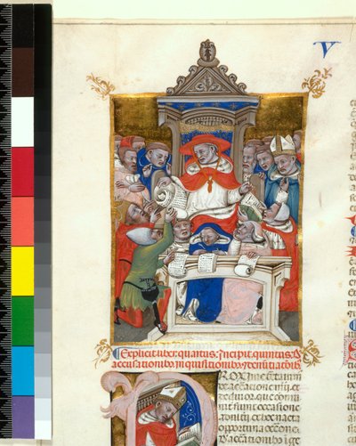 مخطوطة مضيئة. رواية في Decretales. بداية الكتاب الخامس الاتهامات والتحقيقات والتشويه. ، حوالي 1355-1365 بواسطة المدرسة الايطالية