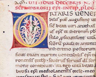أول حرف "O" على ظهر القطع مع Paulinus of Milan ، Vita Sancti Ambrosii ، على الأرجح من توسكانا ، حوالي 1150-75 (حبر على ورق) بواسطة المدرسة الايطالية