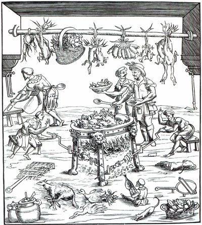 داخل مطبخ إيطالي ، بعد قطع خشبية في تكوين Banchetti di Vivende بواسطة Christoforo di Messisburgo ، تم نشره عام 1549 بواسطة المدرسة الايطالية
