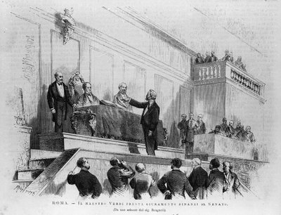 عين الملحن الإيطالي جوزيبي فيردي (1813-1901) سيناتورًا في مجلس الشيوخ عام 1874 ، روما. نقش من عام 1875. بواسطة المدرسة الايطالية