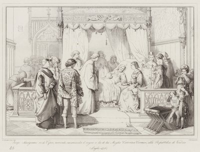 Jacopo Lusignano re di Cipro, morendo, raccomanda il regno e la di lui Moglie Caterina Cornaro  (engraving) بواسطة المدرسة الايطالية