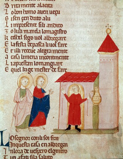 جوزيف وماري يطلبان اللجوء منمنمات من "" Del novo e del vedre testamento "بقلم بيترو دا بارسغابي (القرن الثالث عشر) القرن الرابع عشر ميلانو ، مكتبة برايدنس بواسطة المدرسة الايطالية