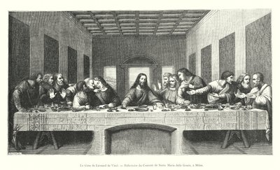 La Cene de Leonard de Vinci ، Refectoire du Couvent de Santa Maria delle Grazie ، في ميلانو (نقش) بواسطة المدرسة الايطالية