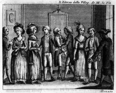 المشهد الأخير من الفصل الثالث من العمل الهزلي "" Ritorno della villeggiatura "" (عودة المدينة) (1761) لكارلو جولدوني (1707-1793). نقش القرن الثامن عشر. بواسطة المدرسة الايطالية