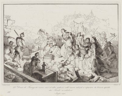 Le Donne di Famagosta recano sassi ed altre materie sulle mura valevoli a riparare la breccia  (engraving) بواسطة المدرسة الايطالية