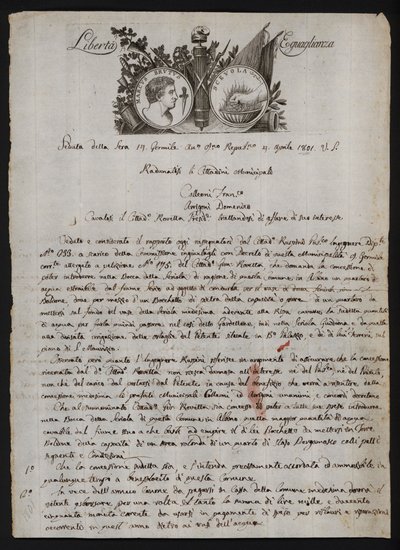 Letter in Italian, with a depiction of the head of Brutus the younger, a burning hand representing Gaius Mucius Scaevola, and the motto of the French Revolution بواسطة المدرسة الايطالية